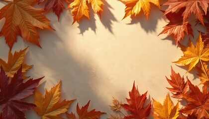 Obraz premium Top-down view autumn leaves shadow on brown background. Maple leaf, seasonal fall theme, natural inspiration, warm tones. Perfect for autumn themed designs posters, advertisement, eco friendly design.