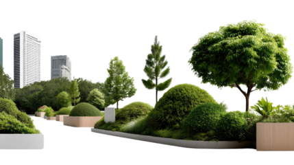 Urban Oasis: A meticulously landscaped urban park seamlessly blends nature and city, presenting a harmonious fusion of greenery and modern architecture.