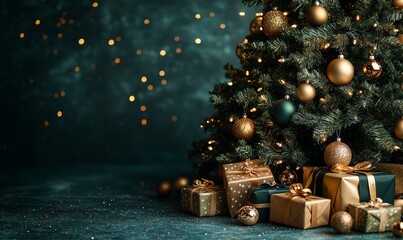 Merry Christmas holiday celebration greeting card background - Christmas tree with gold christmas ornaments, christmas baubles and green gift boxes and presents on floor (Generative