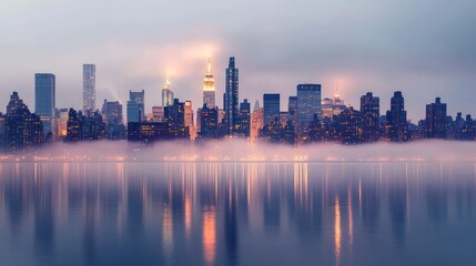 Fototapeta premium Misty Metropolis: A Serene Reflection of New York City Skyline
