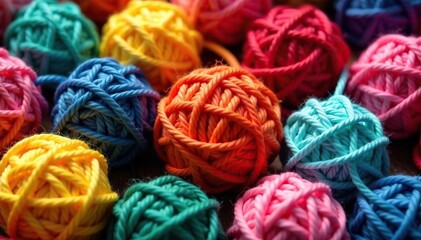 Colorful yarn balls stitched together, decorative craft project , decorative balls, thread, needle