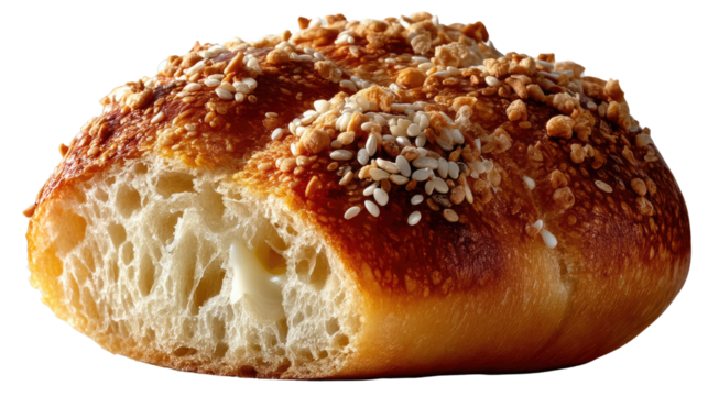 Sesame Seed Bread: A rustic loaf of freshly baked bread sprinkled with sesame seeds, showcasing a golden-brown crust and soft, fluffy interior. The bread is broken open.