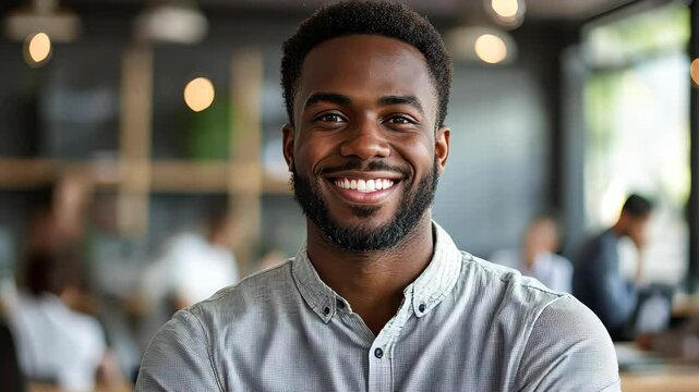 Confident African Man's Portrait: An African man exudes confidence and warmth, his infectious smile illuminating the scene, offering a glimpse into the world of a self-assured individual.