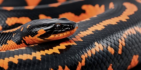 Close-up of a striking black and orange snake with intricate scale patterns, coiled in defensive position, showcasing exotic reptile beauty, texture, and natural camouflage

