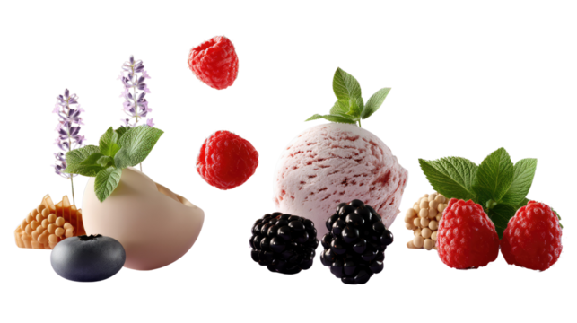 Sweet Symphony: A dreamy composition showcases a scoop of delectable ice cream alongside an array of fresh berries and fragrant herbs, a visual feast of taste and aroma.