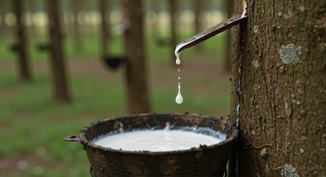 Rubber tapping process with a knife, tree trunk, and collection bucket for latex sap