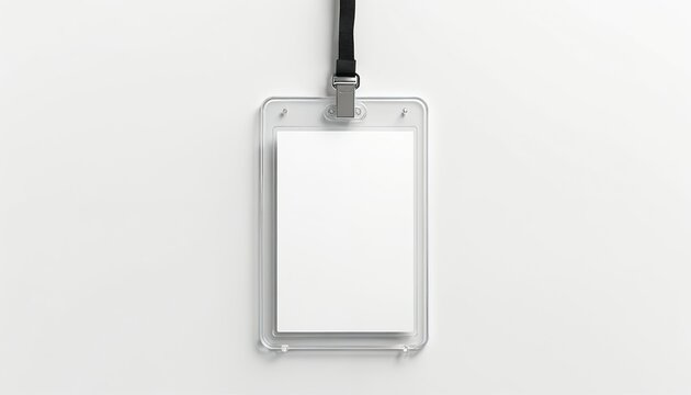 Vertical blank badge mockup. Concept of identification access security. Empty id card with transparent plastic holder, black lanyard on white background. For business conference corporate event