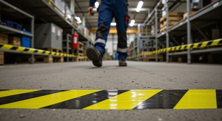 Factory inspector walking through a warehouse with safety markings on the floor, emphasizing risk assessment and safety measures