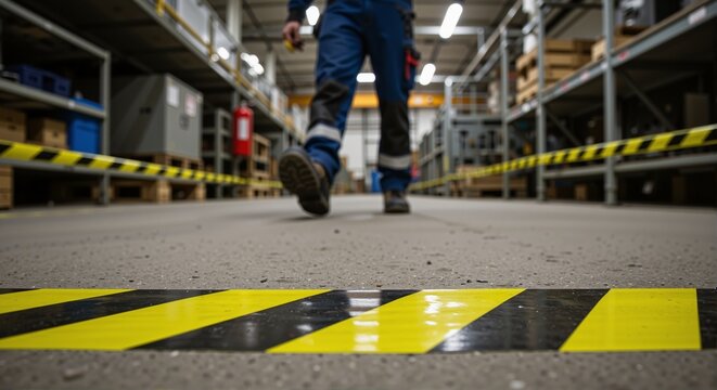 Factory inspector walking through a warehouse with safety markings on the floor, emphasizing risk assessment and safety measures