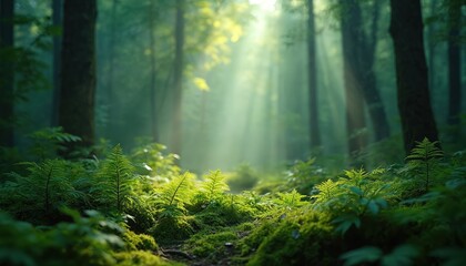 Obraz premium Sunlight streams through forest trees, illuminating ferns, moss, greenery. Mystical forest scene evokes tranquility, nature beauty, peace. Light rays create dreamy atmosphere.