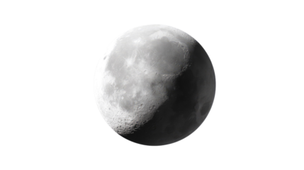 Moon's Gentle Glow: Witness the moon in its half-illuminated phase, a celestial sphere suspended in the vastness of space, casting subtle shadows and textures across its cratered surface.