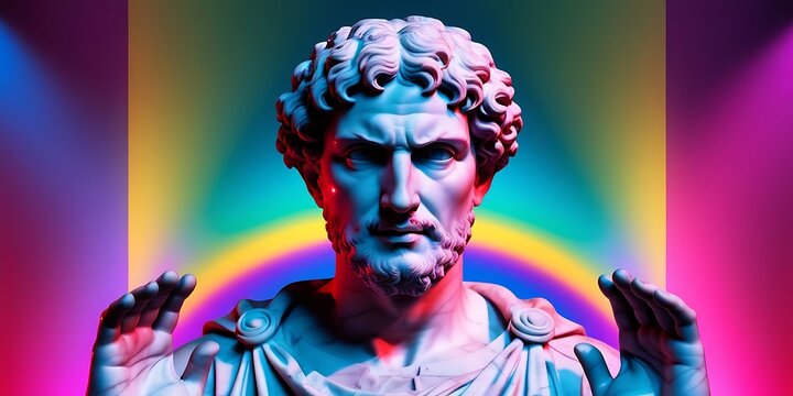 Classical Roman marble bust illuminated by vibrant neon rainbow lights, combining ancient sculpture with modern pop-art style for bold historical and artistic visual impact
- Powered by Adobe