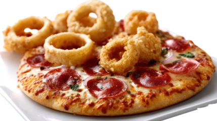Pizza Perfection: A delectable pizza, adorned with savory toppings and golden onion rings, rests elegantly on a pristine white plate, evoking culinary pleasure.