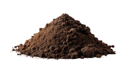 Pile of Soil: A high-angle close-up of a small mound of fertile soil, showcasing rich texture and dark brown hue, perfect for gardening and agricultural projects.