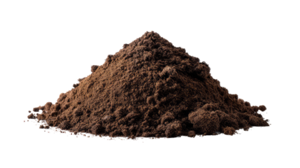 Pile of Soil: A high-angle close-up of a small mound of fertile soil, showcasing rich texture and dark brown hue, perfect for gardening and agricultural projects.