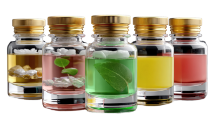 A Quintet of Colorful Potions: Five elegantly crafted glass vials, each filled with a unique blend of vibrant liquids and botanical elements, hinting at the secrets of natural science.