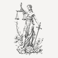 A detailed vintage-style illustration of Lady Justice, blindfolded, holding scales and a sword, surrounded by roses. Symbolizing fairness, law, and morality in an elegant, classical design.