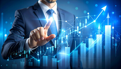 Businessman interacts with a holographic financial growth chart, showcasing technological advancements in investment analysis