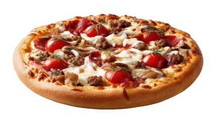 Delicious Gourmet Pizza: A mouthwatering close-up of a gourmet pizza, artfully crafted with fresh, vibrant toppings, promising an unforgettable culinary experience.