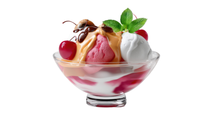 Sweet Symphony: A refreshing sundae features layers of delectable ice cream, luscious sauces, and ripe cherries, all presented in a crystal-clear glass, is a delicious treat for a sweet escape.