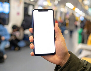 Close-up of a japanese person holding a smartphone blank white screen, sitting job hunt