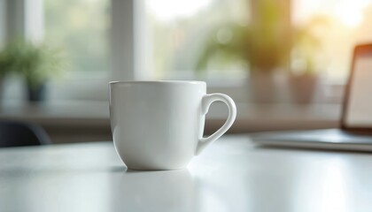 Fototapeta premium White coffee mug on workspace table, bright natural light. Empty cup for hot drink, office break. Work place, morning, cozy atmosphere with blurred background.