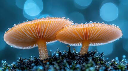 Two mushrooms capped with water droplets on mossy ground