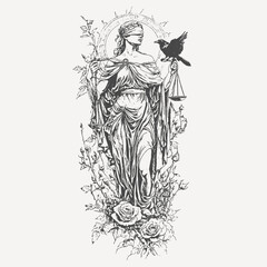Lady Justice in a floral, decorative style with a raven perched on the scales. A unique artistic interpretation blending law, wisdom, and nature in an intricate vintage illustration.