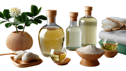 Spa-like Still Life: A serene arrangement of aromatic oils, essential products, and fresh floral accents. This inviting composition embodies relaxation, inviting you to escape and unwind. 