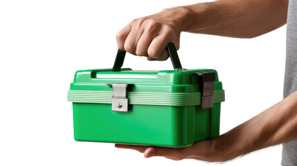 Hand Holding Tool Box: A pair of hands confidently presents a vibrant green toolbox, symbolizing craftsmanship, organization, and readiness for any task at hand.