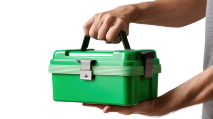 Hand Holding Tool Box: A pair of hands confidently presents a vibrant green toolbox, symbolizing craftsmanship, organization, and readiness for any task at hand.