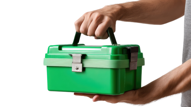 Hand Holding Tool Box: A pair of hands confidently presents a vibrant green toolbox, symbolizing craftsmanship, organization, and readiness for any task at hand.
