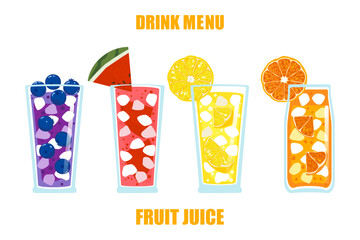 Vector illustration of four fruit drinks, blueberry, watermelon, lemon, and orange, with ice and fruit toppings in bright, fun, refreshing colors, perfect for a menu, cafe, or summer design.