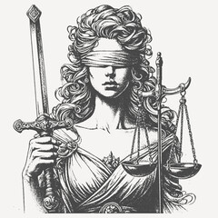 A striking close-up portrait of Lady Justice with curly hair, blindfolded, holding a sword and scales. The detailed engraving highlights strength, authority, and justice in an artistic way.