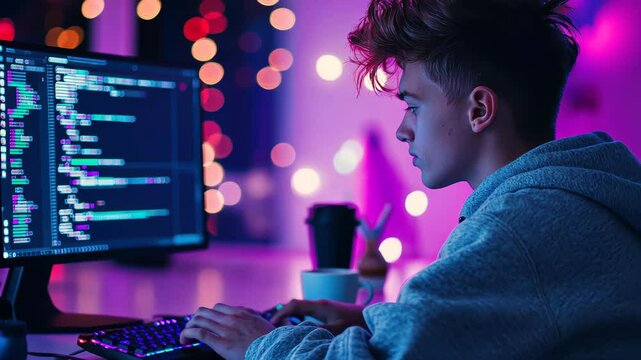Tech Genius at Work: Focused programmer at work, immersed in his craft, surrounded by the glow of computer screens and neon lights