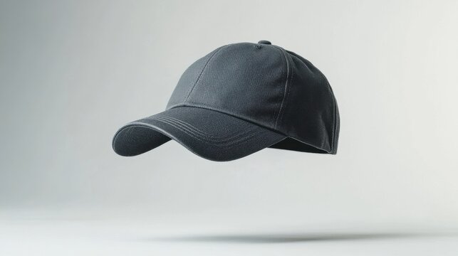 Gray unbranded cap floating on white background, simple product shot