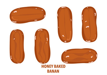 Vector illustration of Honey Baked Banana, Syrup, Banana, Thai Dessert, Snack, Element, Traditional Thai, Top View, Refreshing Summer Dessert, Street Food, Asia, For Food and Culture Theme.