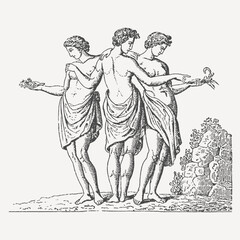 The Three Graces from Greek mythology depicted in a vintage engraving. A classic representation of beauty, harmony, and charm.