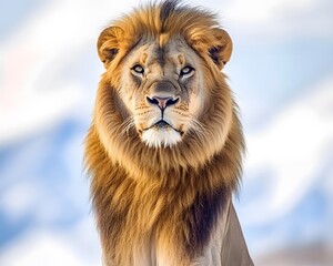 Obraz premium Majestic Male Lion Portrait Against Blurred Sky Background