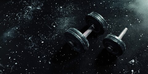 Dark gym weights on a dusty floor