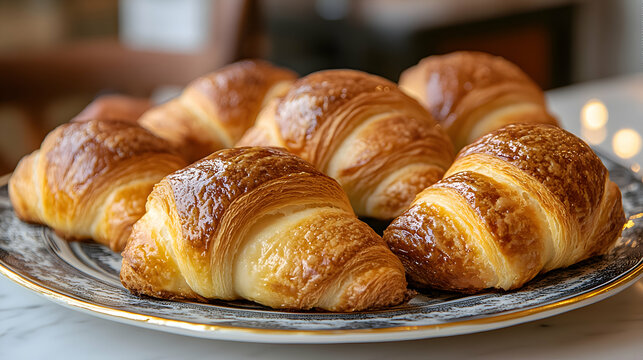 Golden, flaky Canutillos de Crema, Cream Horns, filled with rich, sweet cream, arranged on a vintage dessert plate