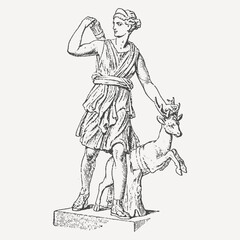 Vintage engraving of Artemis, Greek goddess of the hunt, standing with a deer. Ideal for classical mythology lovers and historical art collections.