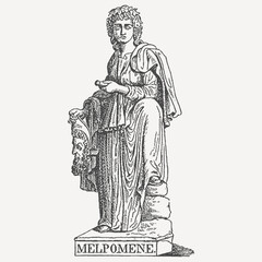Detailed antique engraving of Melpomene, Greek Muse of tragedy, holding a tragic mask. Ideal for classical theater themes, mythology lovers, and history enthusiasts.