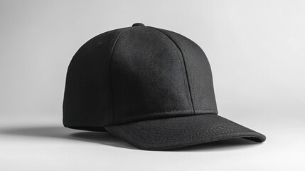 Black flat-brim cap without design, white studio background
