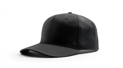 Black flat-brim cap without design, white studio background