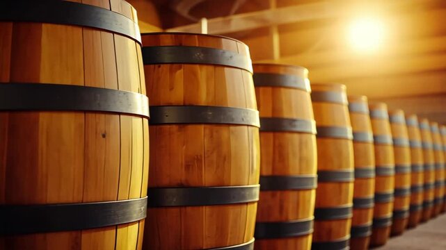 Wooden Barrels: A close-up shot of a line of wooden barrels, hinting at the rich and nuanced world of winemaking or the maturation of spirits. The warm.