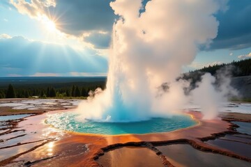 Majestic Yellowstone geyser erupting, hot water and steam rising high into the air , park, dynamic, beautiful