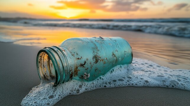 Washed-up jar on sandy beach, sunset, ocean waves