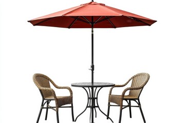 Cafe table with chair and parasol umbrella isolated on white background. Generative AI