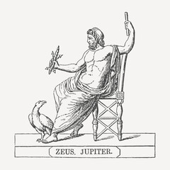Vintage drawing of Zeus (Jupiter), the supreme god of Greek mythology, seated with an eagle and a lightning bolt. © Retro Archive id